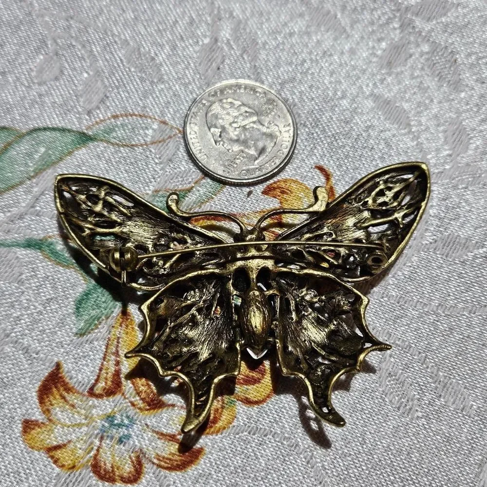 vintage whimsigoth boho gold tone iridescent stones butterfly brooch